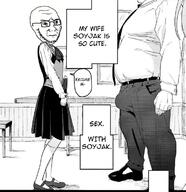 angry anime arm belt bulge buttoned_shirt chino_kafuu closed_mouth clothes comic concerned doujinshi fat frown full_body glasses gochiusa hand kafuu_chino leg manga mary_janes_(shoes) necktie penis sex skirt sock soyjak stubble table text textbox variant:classic_soyjak vest wife window // 723x746 // 344.5KB