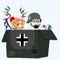 anime box clothes excited female flandre_scarlet glasses hair hand hat nazism nintendo nintendo_switch open_mouth red_eyes schutzstaffel soyjak stubble touhou variant:excited_soyjak video_game wing yellow_hair // 489x489 // 100.5KB
