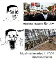 2soyjaks angry arm denmark europe eyes_popping flag glasses hair hand hands_up islam merge meta:low_resolution military open_mouth soyjak soyjak_comic stubble text tongue variant:chudjak variant:waow waow yellow_teeth // 1224x1280 // 364.6KB
