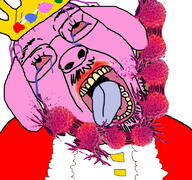 bloodshot_eyes cancer clothes crown crying dead ear glasses hanging hat mustache open_mouth pig pink_skin snout soyjak stubble technoblade variant:bernd // 768x719 // 179.3KB