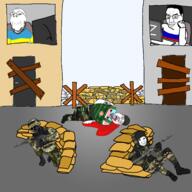 3soyjaks blood camouflage closed_mouth clothes computer country crying drawn_background flag glasses hair open_mouth purple_hair reddit russia russo_ukrainian_war smile smug soldier soyjak stubble tongue tranny ukraine variant:bernd variant:chudjak variant:gapejak war weapon wojak yellow_teeth z_(russian_symbol) // 1600x1600 // 600.8KB
