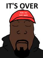 beard black_skin cap closed_eyes closed_mouth clothes coca_cola frown hat hoodie its_over kanye_west maga soy soyjak text variant:markiplier_soyjak // 600x800 // 58.2KB