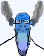 angry bald bloodshot_eyes blue blue_skin calm closed_mouth ear fume glasses ogre_ears seethe smoke soyjak stretched_chin stubble template variant:markiplier_soyjak // 823x1030 // 42.6KB