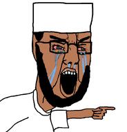 angry arab arm beard bloodshot_eyes brown_skin clothes crying finger glasses hat islam open_mouth pointing taqiyah teeth variant:chudjak // 998x1044 // 35.1KB