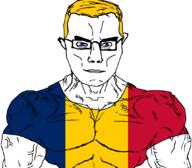 arm blond blue_eyes buff chad_(country) closed_mouth clothes country countrywar flag flag:chad glasses hair soyjak subvariant:chudjak_front subvariant:muscular_chud tshirt variant:chudjak vein // 1059x929 // 35.4KB