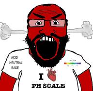 acid angry arm base beard clothes fume glasses heart i_love neutral open_mouth ph_scale red science soyjak text tshirt variant:science_lover // 801x789 // 145.1KB