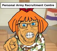 angry army barrel blue_eyes bowtie camo cannon flag glasses mymy netherlands ongezellig orange_hair orange_skin personal_army pointing pointing_at_viewer ship stubble variant:feraljak // 1013x914 // 279.9KB