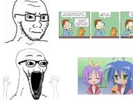 2soyjaks anime closed_mouth comic concerned excited garfield glasses hand hands_up lucky_star newspaper_comic open_mouth soyjak stubble thing_japanese variant:classic_soyjak variant:wewjak // 642x483 // 44.2KB