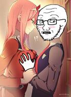 anime arm blush darling_in_the_franxx glasses hand open_mouth scared soyjak stubble variant:classic_soyjak zero_two // 471x648 // 356.3KB