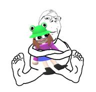 blue_skirt clothes foot frog froge hat hugging kiss purple_shirt sitting_down skirt soyjak // 1440x1380 // 130.3KB