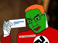angry closed_mouth clothes glasses green_skin hair hand holding_object kek nazism orange_hair pol_(4chan) son_of_the_mask soyjak swastika the_mask variant:chudjak // 714x532 // 80.4KB
