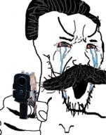 bloodshot_eyes crying firearm gun hair hand holding_gun holding_object holding_pistol large_eyebrows mustache nietzsche open_mouth philosophy pointing pointing_at_viewer soyjak stubble variant:soyak weapon // 680x866 // 420.9KB