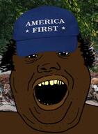 america_first black_skin cap clothes hair hat irl_background open_mouth soyjak variant:alicia yellow_sclera // 392x533 // 62.1KB