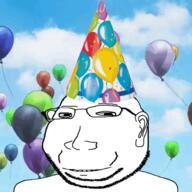 animated balloon closed_mouth ear eyelids glasses party_hat smile stubble subvariant:massjak subvariant:wholesome_soyjak variant:gapejak // 360x360 // 1.5MB
