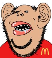 amerimutt balding brown_skin clothes creative_commons_license drool ear lips mcdonalds mutt open_mouth red_shirt redraw small_eyes soyjak stubble subvariant:impish_amerimutt subvariant:wikiswede variant:impish_soyak_ears wikipedia // 426x469 // 17.2KB