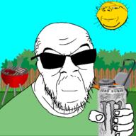 2soyjaks boomer can clothes drawn_background glasses grill hand holding_object lawnmower monster_energy mustache smile soyjak stubble subvariant:wholesome_soyjak sunglasses variant:feraljak variant:gapejak wrinkles yellow_skin // 1500x1500 // 568.3KB