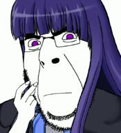 animated anime bernkastel bracelet bwc closed_mouth female finger_snap frown glasses hair hand purple_eyes purple_hair queen_of_hearts smile smirk smug soyjak stubble tattoo transformation umineko variant:cobson video_game // 775x849 // 135.4KB
