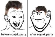 2soyjaks brown_hair ear glasses half_open_mouth meme nikocado_avocado smile soyjak soyjak_party stubble text variant:classic_soyjak variant:impish_soyak_ears // 1500x1000 // 381.7KB
