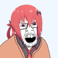 angry anime black_shirt clothes gabriel_dropout glasses jacket necktie open_mouth purple_eyes red_hair satania soyjak stubble teeth variant:feraljak // 1500x1500 // 560.2KB