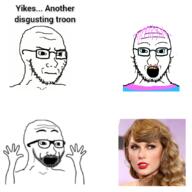 arm closed_mouth clothes flag flag:transgender_pride_flag glasses irl open_mouth purple_hair soyjak stubble subvariant:soyak_front2 taylor_swift text tranny variant:excited_soyjak variant:soyak yellow_hair // 1081x1081 // 569.4KB