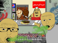 5soyjaks arabic_text arm brown_skin coke drawn_background fal food glasses hand kebab mustache open_mouth pepsi pointing shawarma smell soyjak stubble text variant:impish_soyak_ears variant:ishish_soyak_ears variant:two_pointing_soyjaks // 1134x850 // 552.6KB
