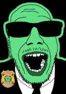 badge brazil clothes glasses glowie glowing green green_skin mustache necktie open_mouth police portuguese_text soyjak stubble suit sunglasses text variant:punkjak // 918x1306 // 90.6KB