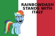 angry animal colorful_hair country countrywar flag flag:italy full_body glasses italy meta:tagme mustache my_little_pony open_mouth pink_eyes pony rainbow rainbow_dash soyjak stubble variant:feraljak wing // 800x533 // 46.3KB