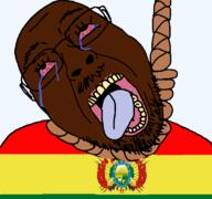 beard black_skin bloodshot_eyes bolivia country crying flag glasses hanging open_mouth rope soyjak stubble suicide tongue variant:bernd yellow_teeth // 768x719 // 63.8KB