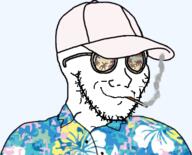 cap cigarette clothes glasses hat hawaiian_shirt smile smoking smug soyjak stubble sunglasses variant:classic_soyjak // 379x305 // 84.3KB