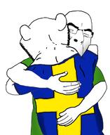 2soyjaks arm back closed_eyes clothes ear flag glasses hand hugging soyjak stubble sweden tshirt variant:cobson variant:impish_soyak_ears // 599x734 // 136.2KB