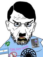2soyjaks adolf_hitler angry argentina badge bloodshot_eyes clothes clover crying ear flower gigachad glasses hair hanging judaism mustache nazism necktie open_mouth plant purple_hair rope sonnenrad stubble swastika tongue variant:bernd variant:unknown yellow_teeth // 1218x1600 // 427.9KB