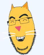 animal cat closed_eyes ear emoticon fangs glasses grin happy no_eyebrows open_mouth soyjak stubble variant:cobson whisker yellow yellow_skin // 721x896 // 27.6KB
