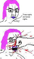 2soyjaks arm blood broken_glasses closed_mouth comic fist glasses hair hand open_mouth pink_hair punch soyjak stubble text tranny variant:chudjak // 383x662 // 138.7KB