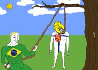 3soyjaks arm asian brazil buff closed_mouth clothes countrywar crying drawn_background ear finland flag flag:brazil flag:finland full_body glasses grass hand hanging holding_object holding_rope irl leg lynching meta:tagme noose open_mouth outdoors rope smile smug soyjak stubble subvariant:wholesome_soyjak sun tongue tree variant:bernd variant:chudjak variant:gapejak yellow yellow_skin yellow_teeth // 2048x1462 // 288.1KB