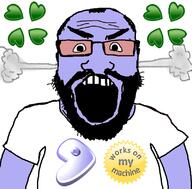 4chan angry balding beard clothes fume g_(4chan) gentoo glasses linux open_mouth purple_skin soyjak technology tshirt variant:science_lover works_on_my_machine // 800x789 // 239.4KB