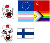 2soyjaks angry cap clothes country crazed european_union finland flag glasses hat lipstick makeup open_mouth pride_flag sdp soviet_union stubble variant:classic_soyjak variant:feraljak // 2739x2379 // 265.4KB
