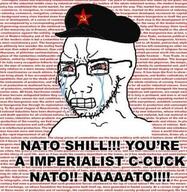 bloodshot_eyes closed_mouth clothes communism crying cuck glasses hammer_and_sickle hat meme military_beret nato red_eyes seething soyjak stubble text variant:classic_soyjak wordswordswords // 411x422 // 66.9KB