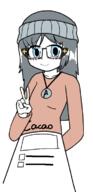 anime arm avengers beanie blue_eyes blush closed_mouth clothes female glasses hand meta:duplicate necklace redraw smile soy soyjak soylent v_sign variant:soytan // 367x756 // 91.8KB