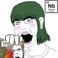 2soyjaks apple blush chemistry clothes ear element female femjak glasses green_hair hair hand holding_object makeup niobium open_mouth shadow soyjak subvariant:female_cobson tantalum text variant:cobson water // 345x345 // 78.5KB