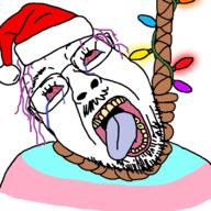 animated bloodshot_eyes christmas clothes crying flag glasses hair hanging hat lights mustache open_mouth purple_hair rope santa santa_hat soyjak stubble suicide tongue tranny variant:bernd yellow_teeth // 802x802 // 53.2KB