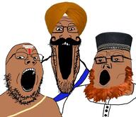 3soyjaks beard brown_skin clothes glasses hat hindu india islam mustache open_mouth sikh soyjak soyjak_trio stretched_mouth stubble taqiyah turban variant:gapejak variant:markiplier_soyjak variant:tony_soprano_soyjak // 968x832 // 190.7KB