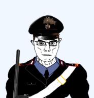 brown_eyes brown_hair buff carabinieri closed_mouth clothes ear glasses italy looking_at_you muscles necktie police police_baton police_hat soyjak subvariant:chudjak_front subvariant:muscular_chud uniform variant:chudjak vein // 1179x1224 // 49.0KB