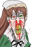 angry anime blood bloodshot_eyes brown_hair clenched_teeth clothes ear female glasses green_eyes hair hat mustache red_eyes rozen_maiden soyjak stubble suiseiseki variant:feraljak yellow_teeth // 892x1216 // 413.2KB
