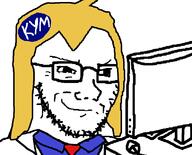 badge closed_mouth clothes computer female glasses hair jacket knowyourmeme monitor mouse necktie ornament smile smug soyjak stubble variant:classic_soyjak yellow_hair // 790x639 // 23.9KB
