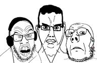 3soyjaks angry closed_mouth deformed earpiece glasses headphones mu_(4chan) nose_hair open_mouth soyjak stubble subvariant:chudjak_front variant:chudjak variant:feraljak variant:gapejak // 1187x769 // 206.8KB