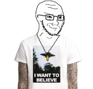 arm closed_mouth clothes cross glasses necklace smile smug soyjak stubble tattoo text tshirt ufo variant:classic_soyjak // 827x798 // 453.1KB