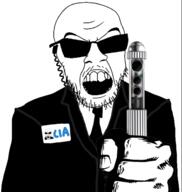 angry central_intelligence_agency clothes earpiece glasses hand holding_object men_in_black mustache necktie neuralizer open_mouth soyjak stubble suit sunglasses variant:feraljak // 450x476 // 89.0KB