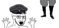animated arm boot clothes glasses hand hands_up hat nazism open_mouth service_cap skull soyjak stubble swastika variant:classic_soyjak // 799x377 // 293.6KB