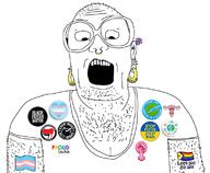 antifa badge black_lives_matter clothes covid ear earring feminist flag glasses hair hairy lgbt open_mouth soyjak stubble text tranny tshirt vaccie variant:unknown // 1147x942 // 379.1KB