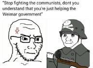 anger_mark closed_mouth clothes combat_helmet communism firearm freikorps frown germany glasses gun hand helmet holding_gun holding_object holding_rifle military military_uniform nazism rifle soyjak stahlhelm stubble text tired variant:soyak weapon weimar wojak // 1080x785 // 111.6KB